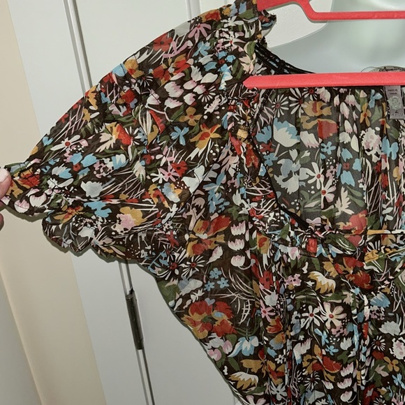 American Rag chiffon floral long tunic ruffled top has a separate long tie - L - Picture 5 of 14